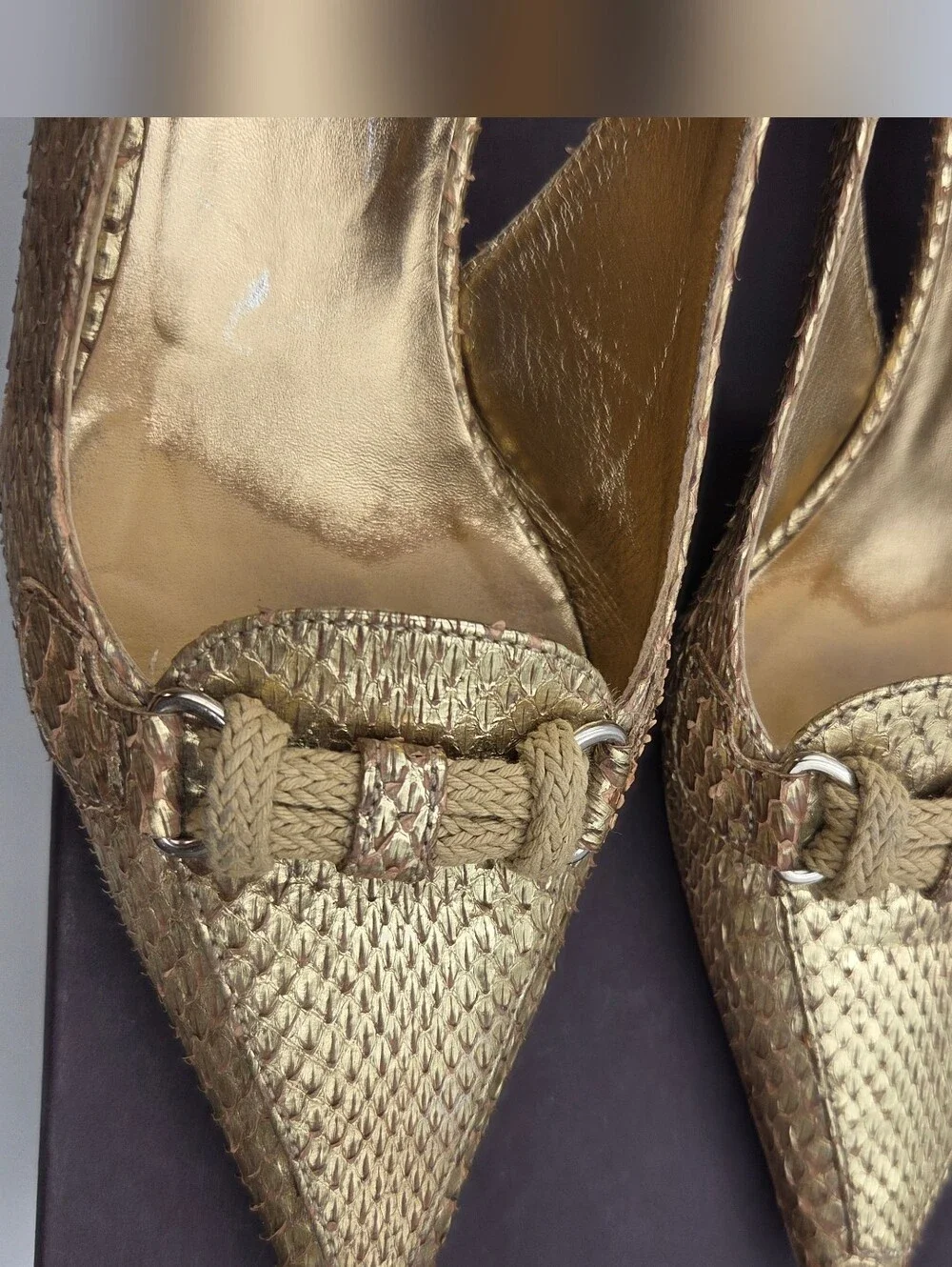 Pre- owned Prada snakeskin braided accents slingback pumps in a metallic gold